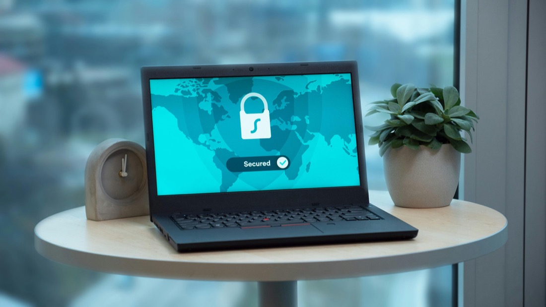 Laptop showing a secured connection screen
